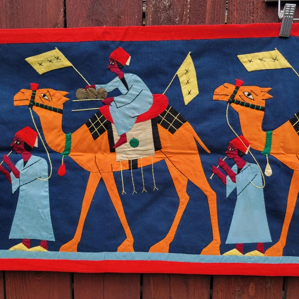Vintage Egyptian Khayamiya Applique Wall Hanging Camel Caravan Textile Folk Art